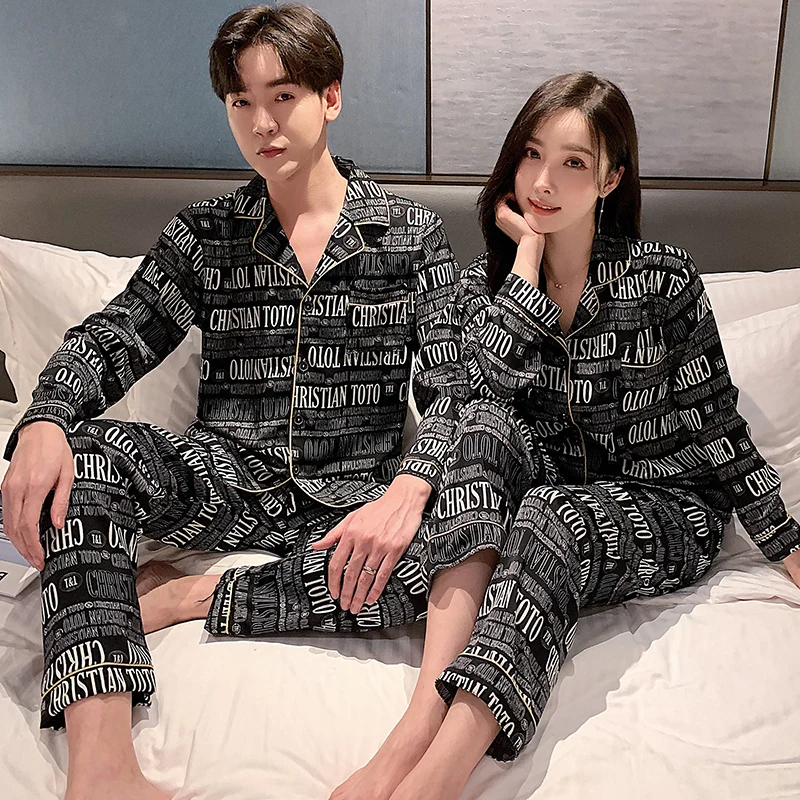 Spring / Summer 2021 New Satin Pajamas Suit Long-Sleeved Trousers Couple Sexy Simple Style Silk Sleepwear Women's Home Service