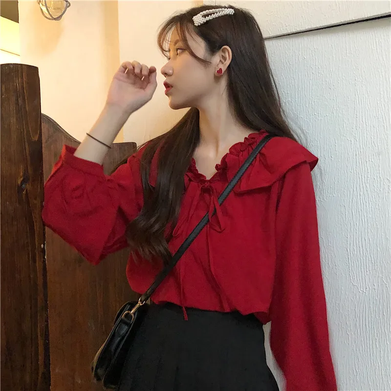 Женская одежда с бантом однотонная гофрированная рукавами-фонариками милый