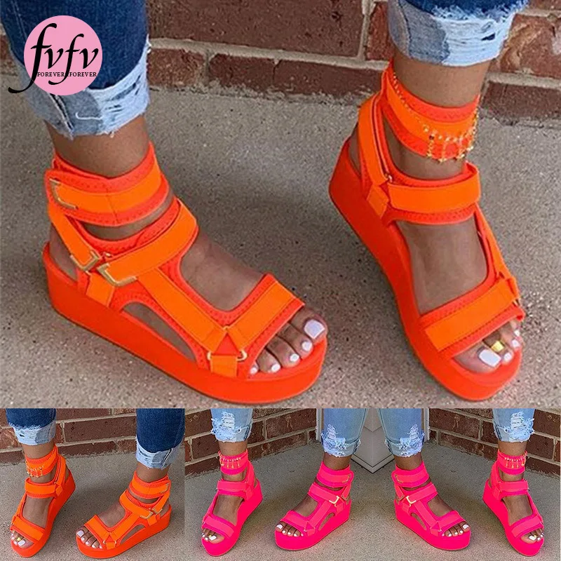 [FVFV] женские сандалии оранжевые на платформе с открытым носком Летняя Пляжная