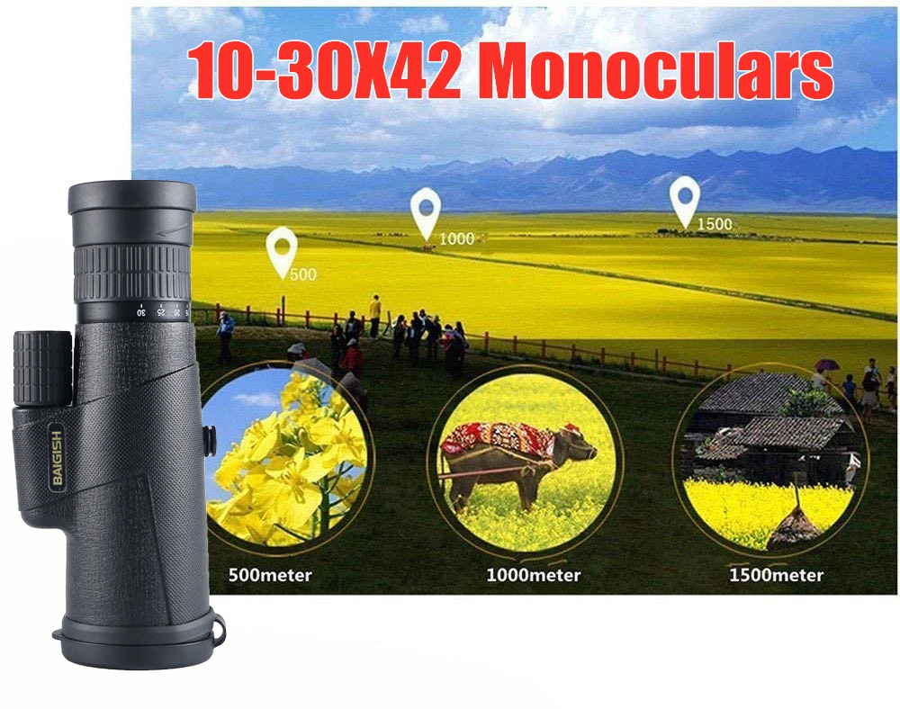Baigish 10-30x42 большой зум Монокуляр Военный телескоп BAK4 Призма бинокль большой окуляр объектив Зрительная труба для охоты