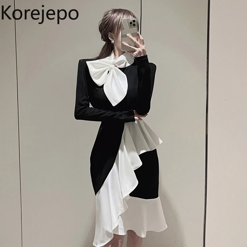

Korejepo Bow Dress Female Autumn and Winter Celebrity Temperament Close Waist Ruffle Hip Wrap Long Sleeve Color Contrast Dresses