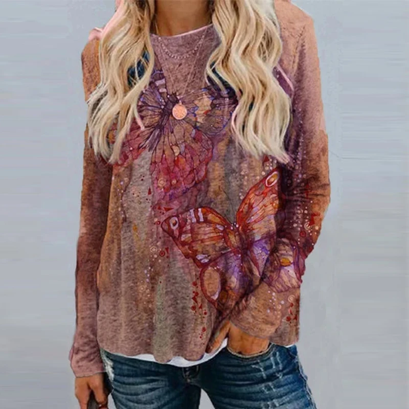 

Vintage Harajuku O Neck Loose Pullover Tops Autumn Printed Butterfly Long Sleeve Blouses Fashion Streetwear Women Shirts Blusas