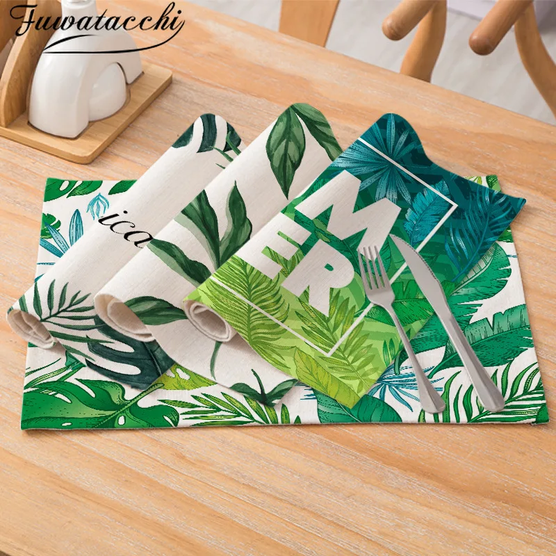 

Fuwatacchi Palm Leaf Print Placemats For Dining Table Mats Green Leaves Photo Cup Coaster Home Restaurant Decor Tableware Napkin
