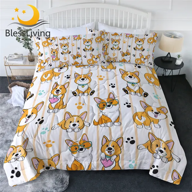 BlessLiving Corgi Summer Quilt Pet Dog Cool Blanket Cartoon Cats Kids Bedding 3pcs Lovely Paws Animal Bedspreads couette de lit 1