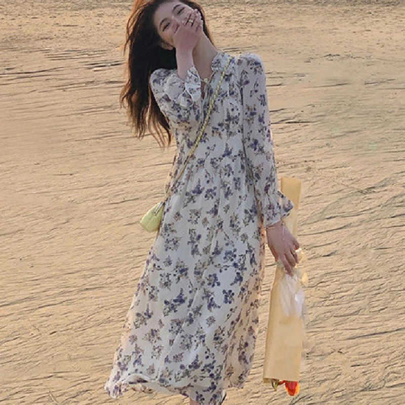 

Корейское шифоновое платье со шнуровкой 2021 Летние Элегантные модельные туфли с ремешком; Женские вечерние платье миди с цветочным принтом ...