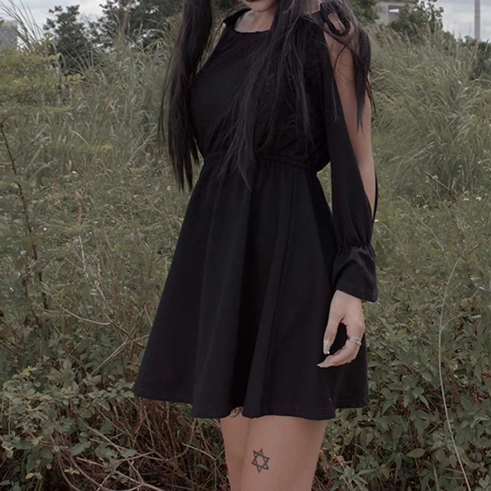 Черное готическое женское мини-платье кружевное платье с открытыми плечами