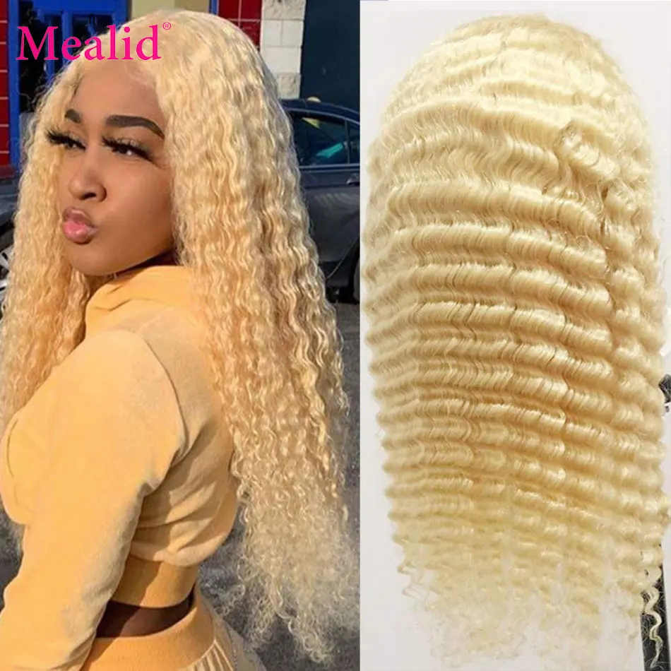 

Mealid Peruvian Deep Wave 613 Blonde Lace Human Hair Wigs Blonde 13x1 Lace Frontal Wig Remy T Part Lace Wigs For Women 150%