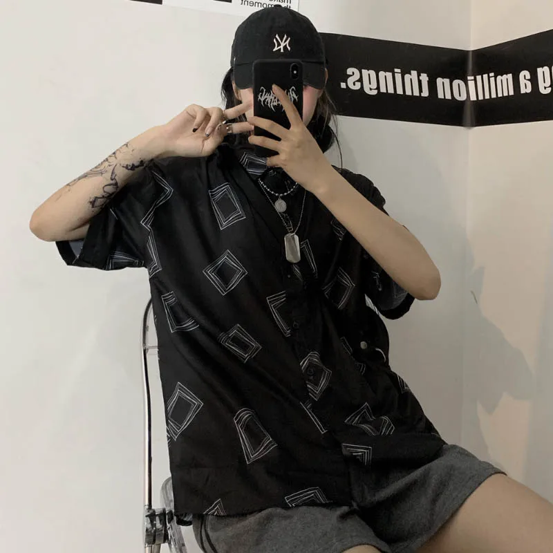 

JMPRS High Street Designed Women Shirt Fashion Summer Loose Short Sleeve Geometry Print Harajuku Black White Gothic Tops 2021