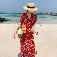 summer women print casual tea dress elegant boho vacation tropical long red beach dress black vintage korean runway 2022 vestido