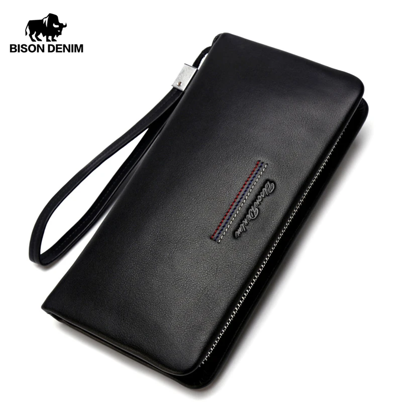 BISON DENIM мужской клатч из натуральной кожи, мужской кошелек, Длинный кошелек, брендовый воловьей кожи, держатель для карт, кошелек для монет, мужской деловой кошелек N8069