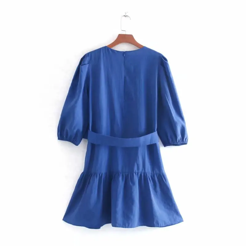 Осеннее женское модное мини платье с круглым воротником и рукавами фонариками