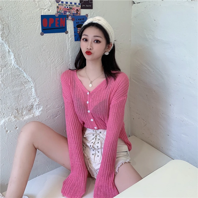 

Western Style All-Matching Candy Color V-neck Cardigan Knitted Sun Protection Clothing