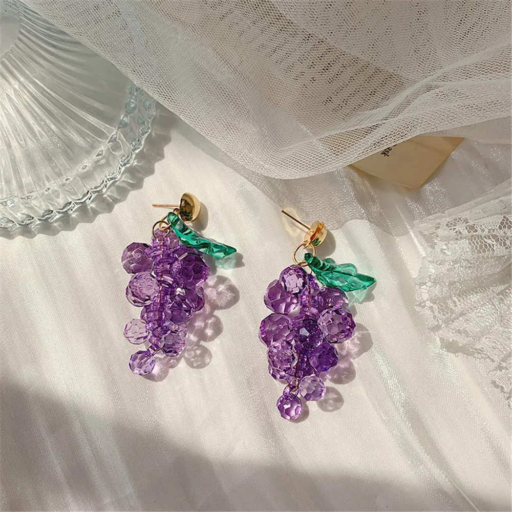 

Women Cute Fruit Fashion Earrings Summer Small Fresh Crystal Purple Grape Earrings Female Long Ear Drop Earrings