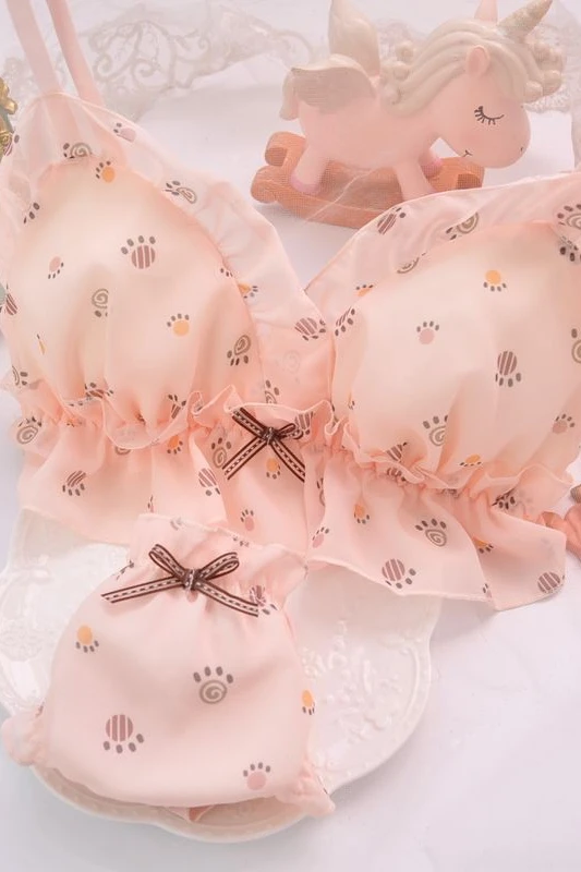 

Women Orange pink Wireless Thin Triangle cup Underwear Suit Comfortable Intimates Set Sweet Sleep Casual Girls Bra & Panties Set