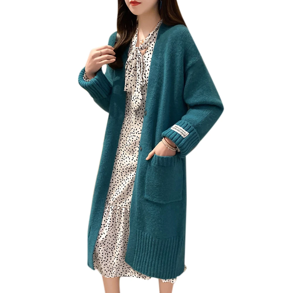 

Solid Color Mid-Length Cardigans Women Full Sleeve Pockets Casual Sweater One Size Sigle Breated Female Knitted Long Cardigan
