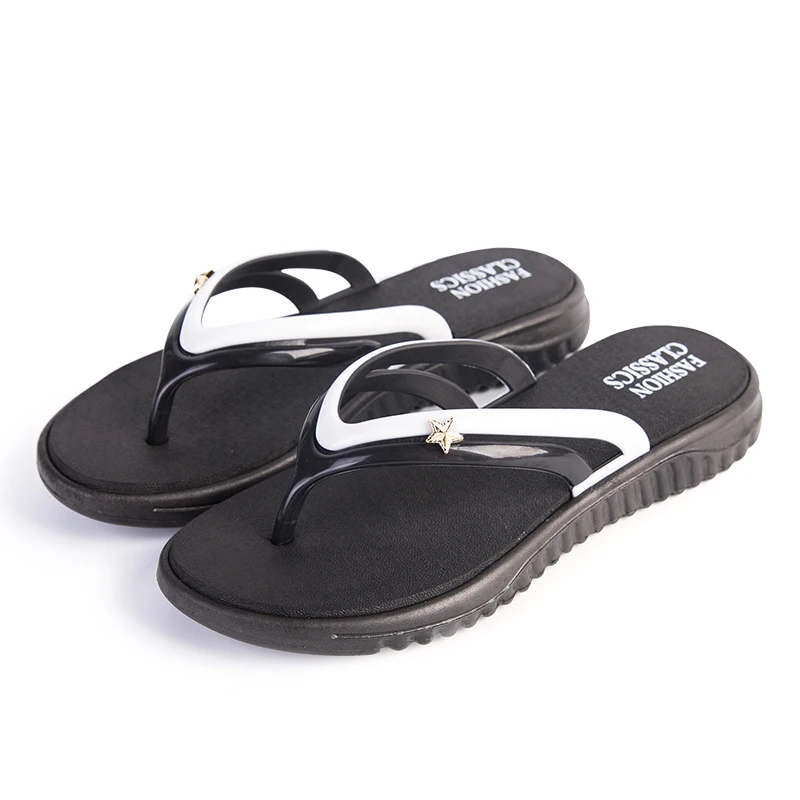 Womens Summer Slip-on Shoes Anti-slip Hard-wearing Fashion Leisure Slippers Beach Swimming Walking Indoor T-tied Flip Flops - Цвет: Black