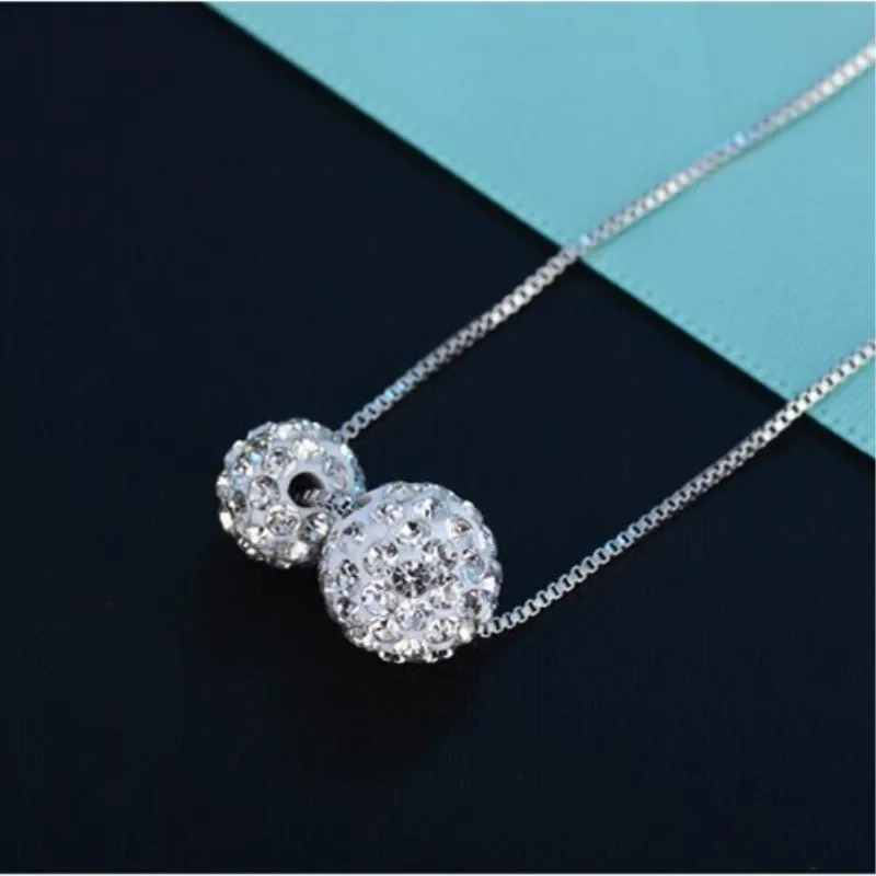 

New Beautiful Set Of Chain Full Crystal Double Female 925 Sterling Silver Jewelry Single Layer Ball Necklaces H335