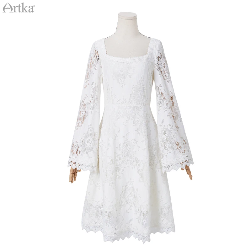 Женское кружевное платье с вышивкой ARTKA белое винтажное принцессы расклешенным