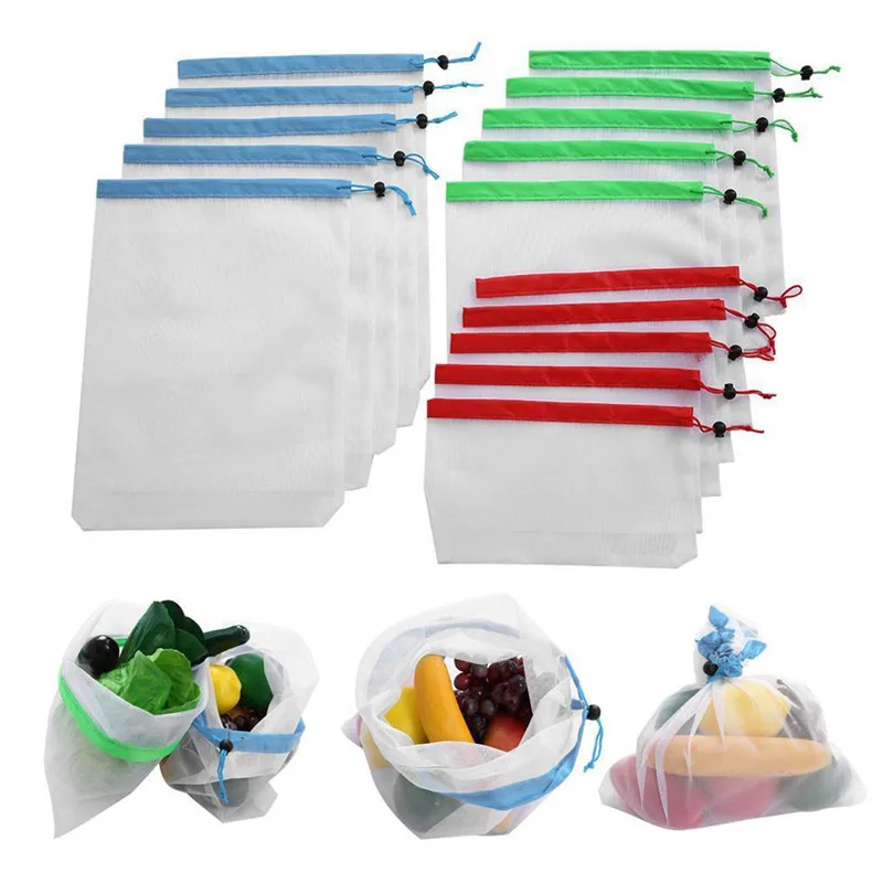 

15 Pack Reusable Produce Bags Black Rope Mesh Vegetable Fruit Toys Storage Pouch Handbags