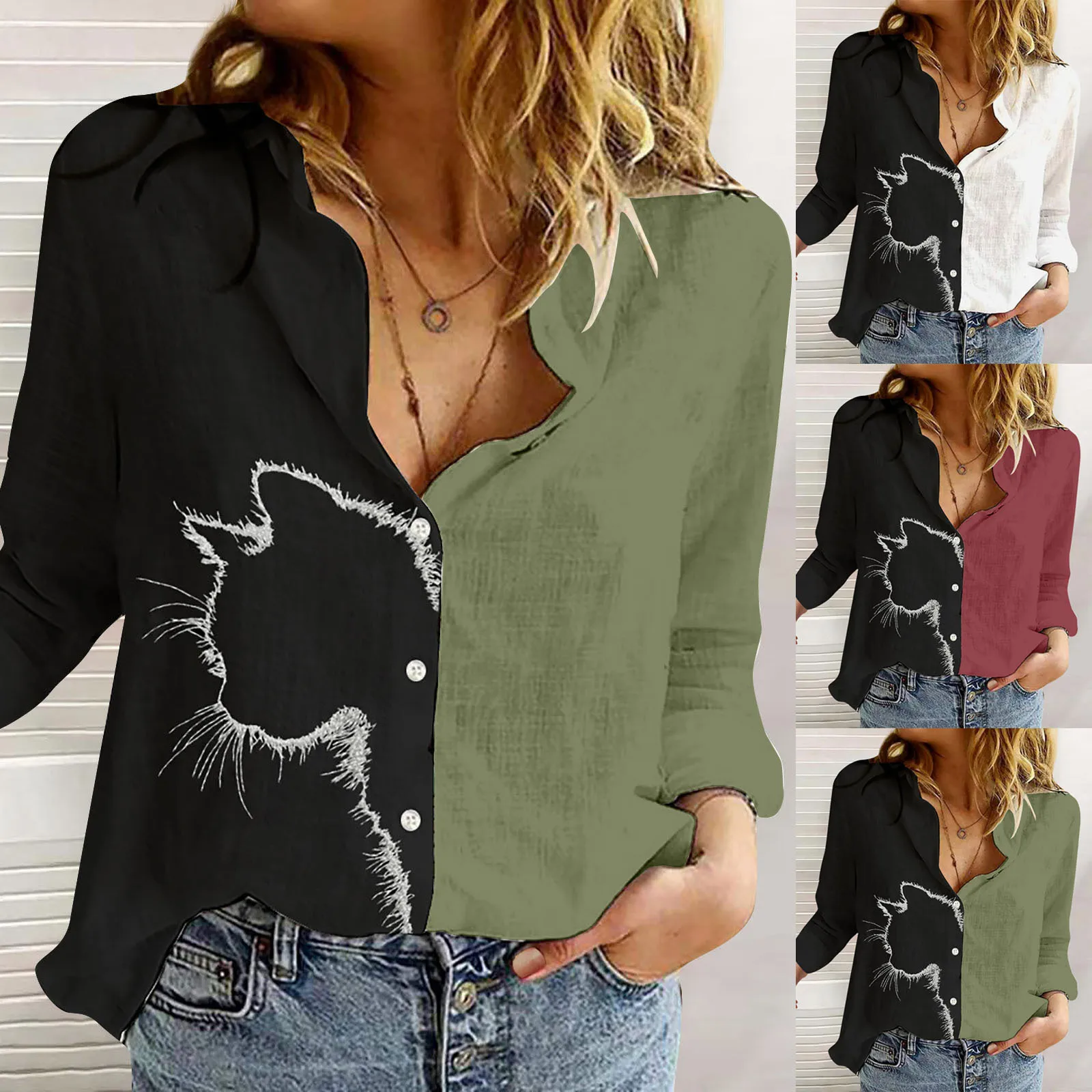

2021 Women Tshirts Casual Long Sleeve Animal Cat Print Shirt Loose T Shirt Women Print Tops White Animal Shirt