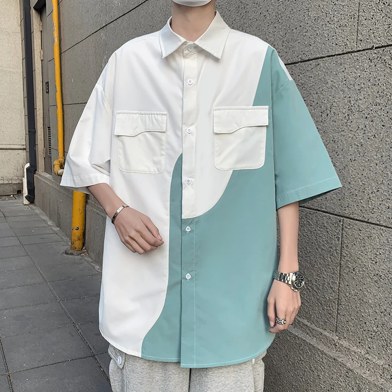 

Patchwork Shirt Harajuku Shirts Men Pockets Decor Hip Hop Oversized Shirts Short Sleeve Casual Tops