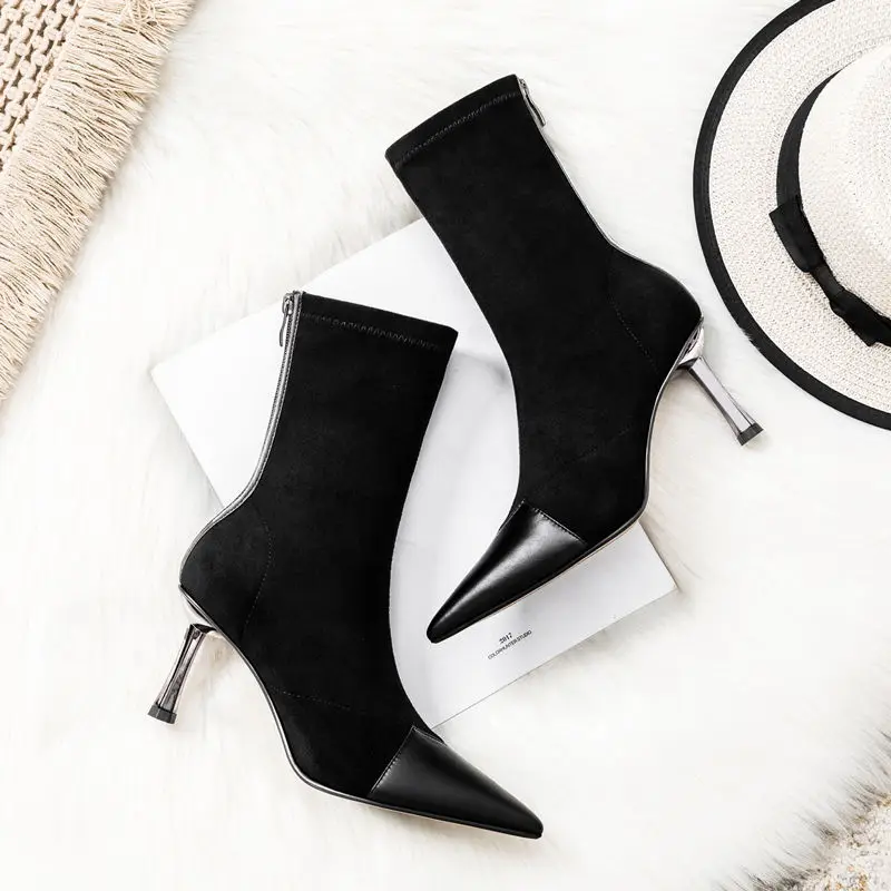 Boots Women New 2022  Autumn Shoes Winter Footwear Luxury Designer Ladies Stockings Ankle Rubber High Heel Black Elegant Pointy