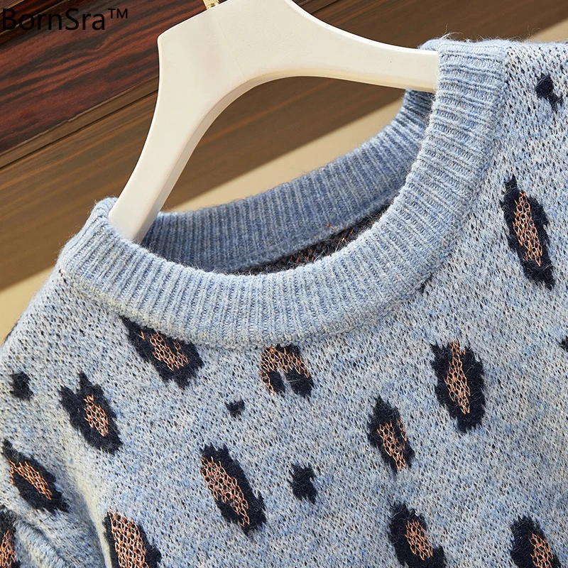

Bornsra autumn winter women's set knitted 2 piece set leopard sweater pullovers wide legs pants knit suit M-4XL large szie