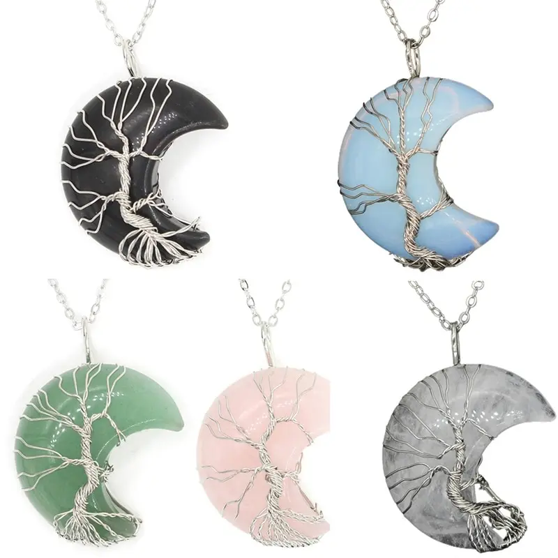 

1PC Natural Crystal Pendant Tree Of Life Moon Shape Stone Quartz Mineral Jewelry Healing Stone For Men Women Jewelry Gift