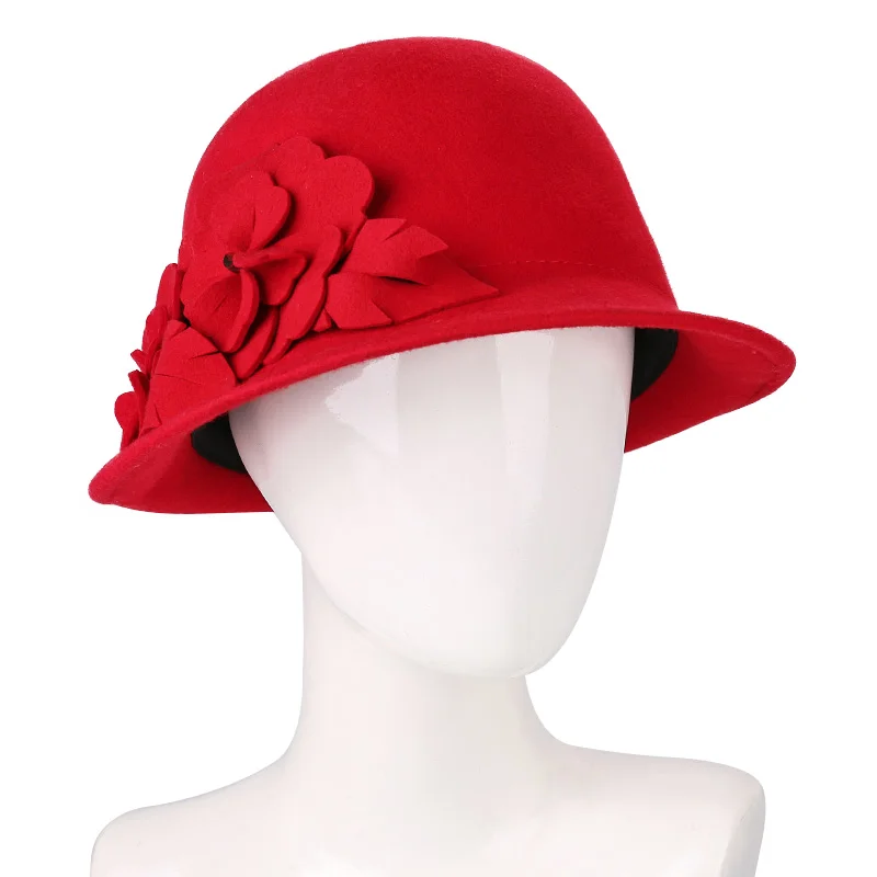 Sedancasesa Wool From Australian Felt Hat for Girls Child Bucket Hats With Flower Decoration Fedoras for Children 52cm