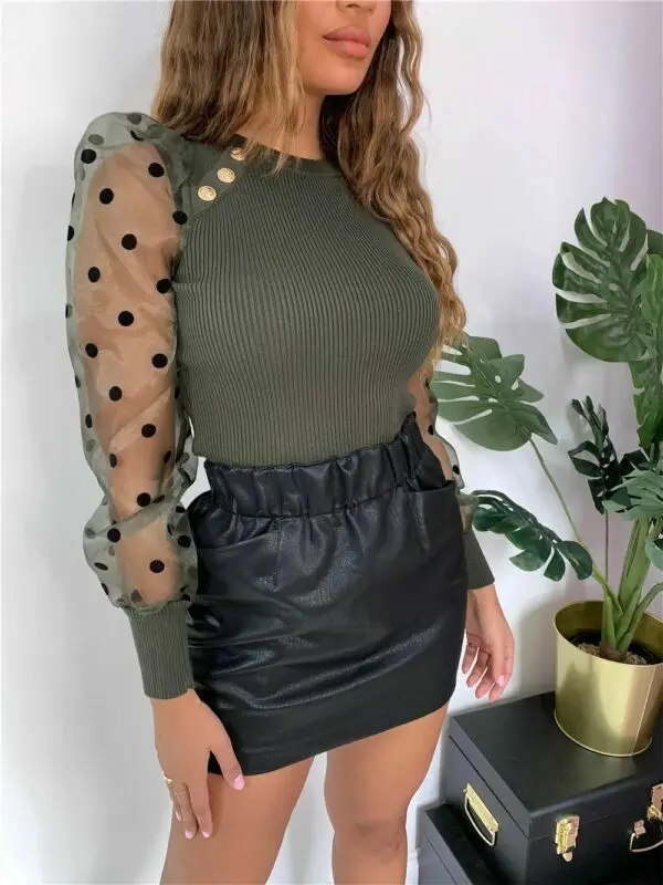 Женский сетчатый свитер в горошек с пышными рукавами Модный пуловер длинными и