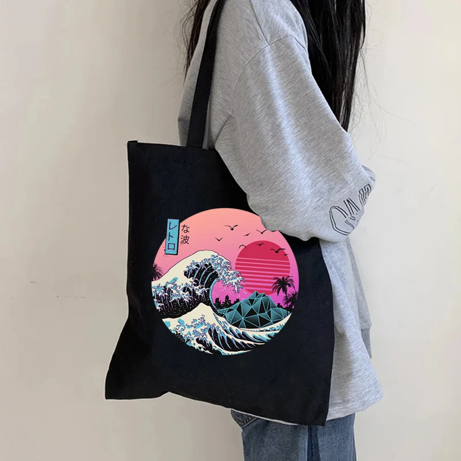 

Surfing In Ukiyo E Kanagawa Japan Anime Khaki Canvas Bag With Zipper Shopper Shoulder Bag Black Women Korean Shopping Bag Bolsos