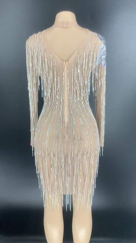 

2020 Silver Rhinestones Fringe Transparent Mirror Dress Long Sleeves Women Dancer Dress Birthday Outfit Dress YOUDU