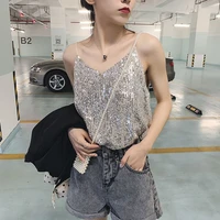 womem sexy camis v neck vest bling glitter sequin fabric sleeveless loose tops gauze female 2022 new fashion clothes streetwear