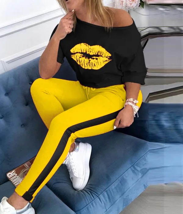 

Женский спортивный костюм из двух предметов, блузка с открытыми плечами и брюки с эластичным поясом, одежда для отдыха, осень 2021