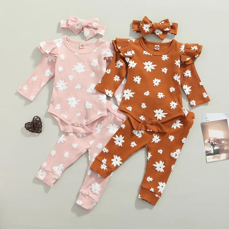 

0-18M Newborn Baby Boy Girl Long Sleeve Print Cotton Bodysuit Tops Long Pant Trouser Headband 3PCS Baby Clothing Set