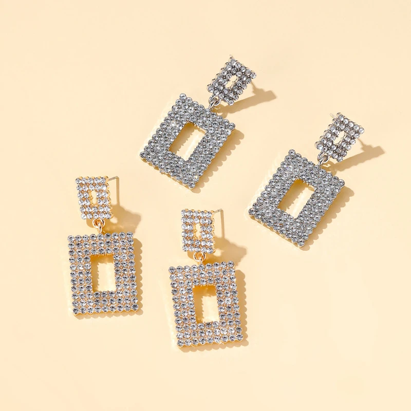 Exaggerated Hollow Square Dangle Earrings for Women Geometric Rhinestone Pendientes Drop Luxury Jewelry | Украшения и аксессуары