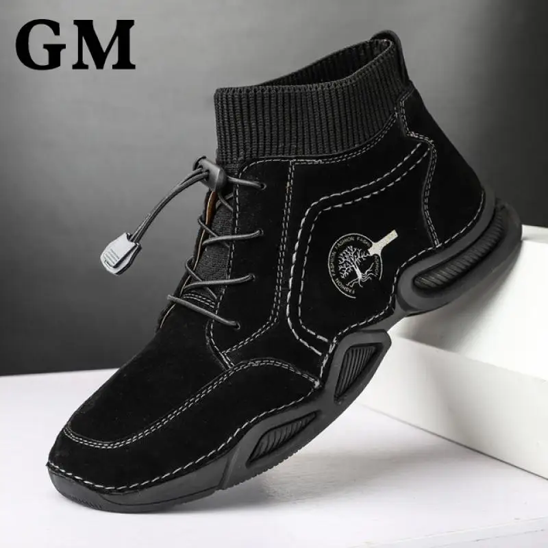 

Nice Autumn Boots Men Flock PU Leather Ankle Boots Outdoor Comfortable Male Shoes Slip On Hiking Walking Men's Sneakers
