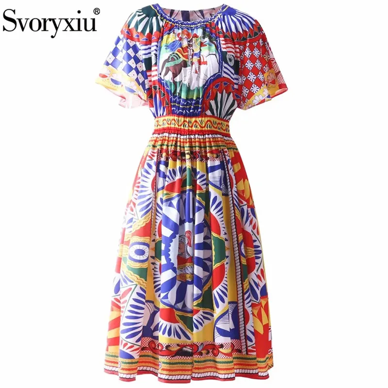 

Женское платье средней длины Svoryxiu, разноцветное винтажное платье с эластичным поясом, коротким рукавом и принтом тотема воина на лето 2019