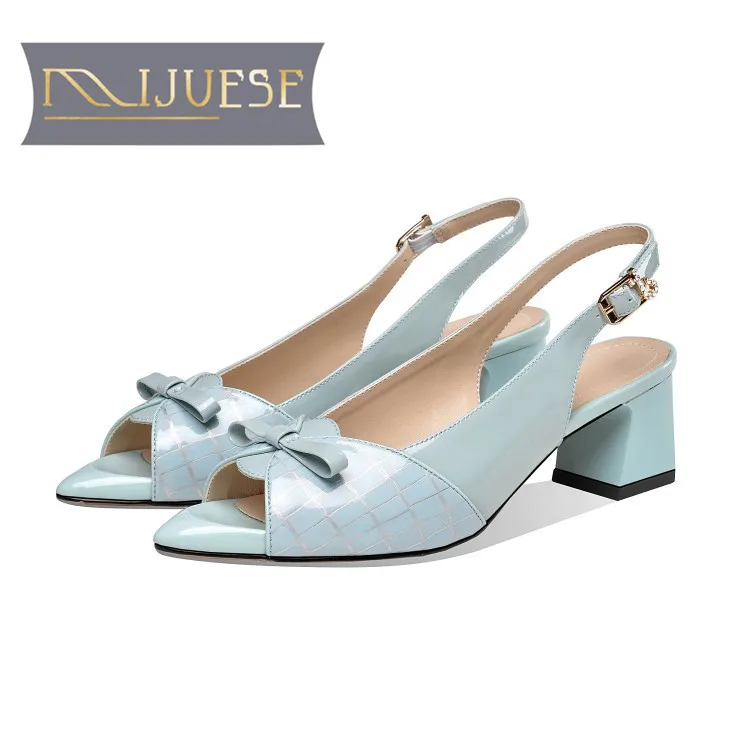 MLJUESE 2020 женские сандалии из коровьей кожи с открытым носком синего цвета бантом