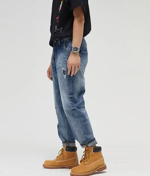 Men Jeans Denim Loose Straight Leg Ripped Patch Jeans Men Retro Beggar Ripped Jeans