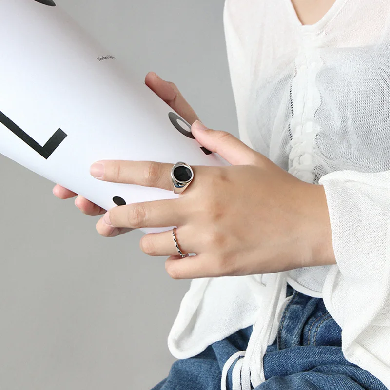 Гарантированное 925 пробы серебряные минимализм кольца для женщин с черным гелем