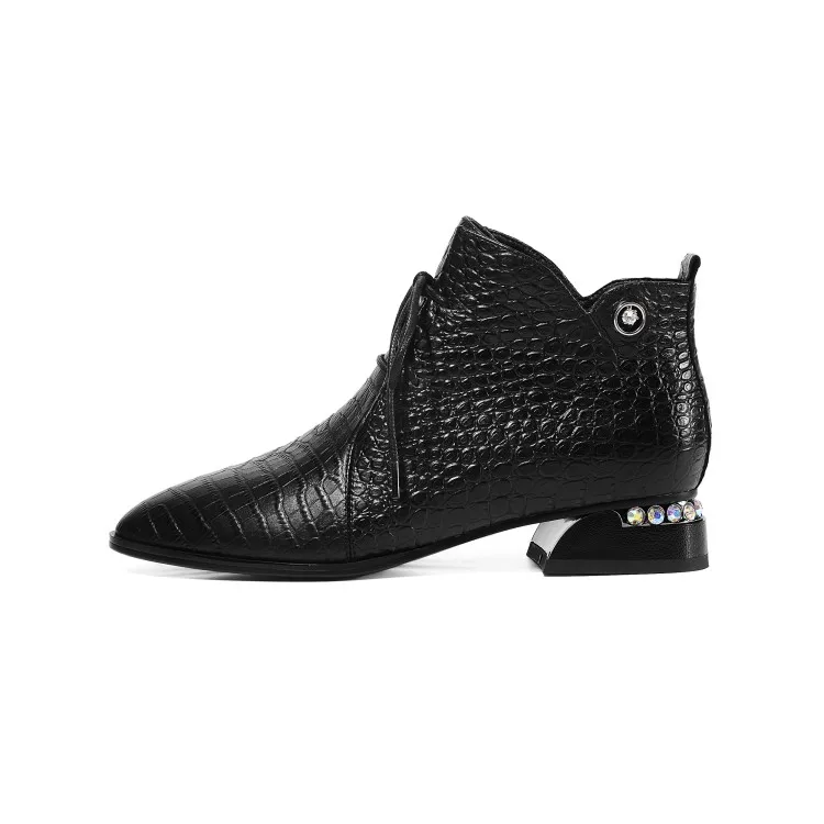 MLJUESE 2020 women ankle boots cow leather pointed toe checkered lace up winter short plush low heels party dress | Обувь