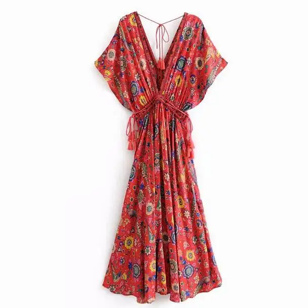 Винтажное богемное Асимметричное Платье с принтом сексуальное платье глубоким