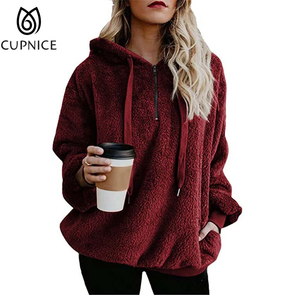 

Теплые теплые пуловеры CUPNICE с длинным рукавом, флисовая зимняя одежда с капюшоном, Женские однотонные толстовки, женская уличная спортивная...
