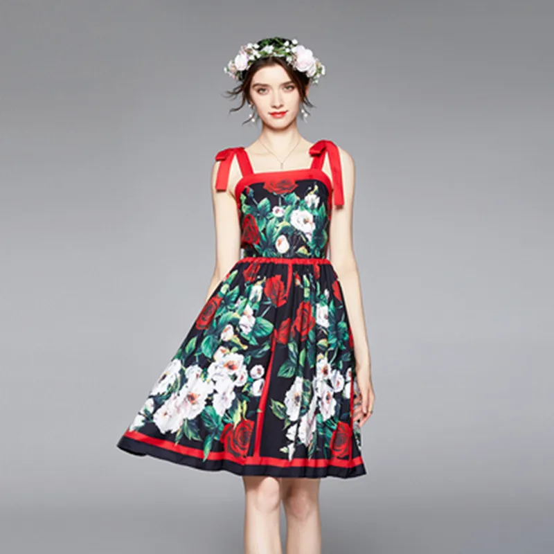 

Женское платье на бретелях-спагетти, подиумное милое платье-трапеция мини с цветочным принтом, завязками и открытой спиной, лето 2022