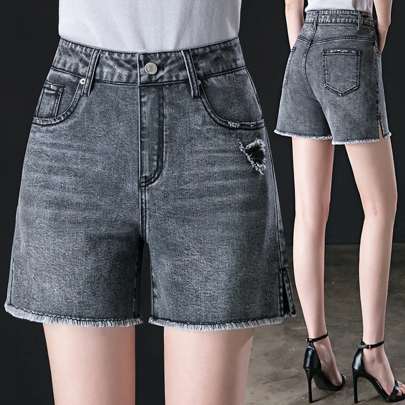 

Fashion Casual Denim Shorts Ladies Summer Thin Section 2021 New Smoky Gray High Waist Ripped Raw Edge Denim Shorts High Quality