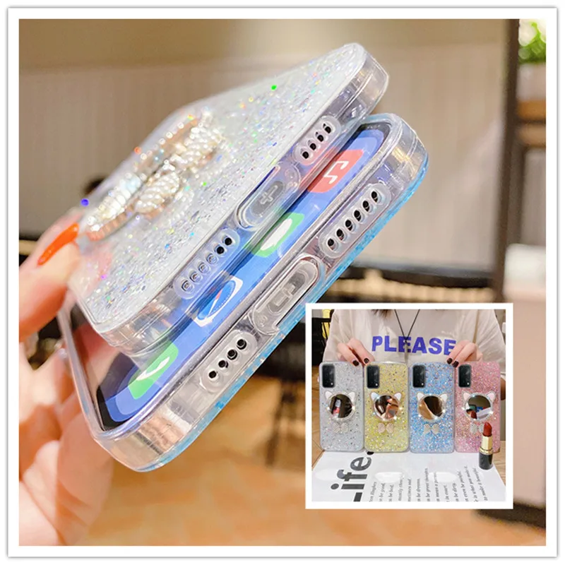 

Cute Cat Ears Mirror Glitter Protective Cover Anti-fall Phone Cases Soft Shell For OPPO A92 A72 A52 A15 Reno 5 5G Realmi 7 8 Pro