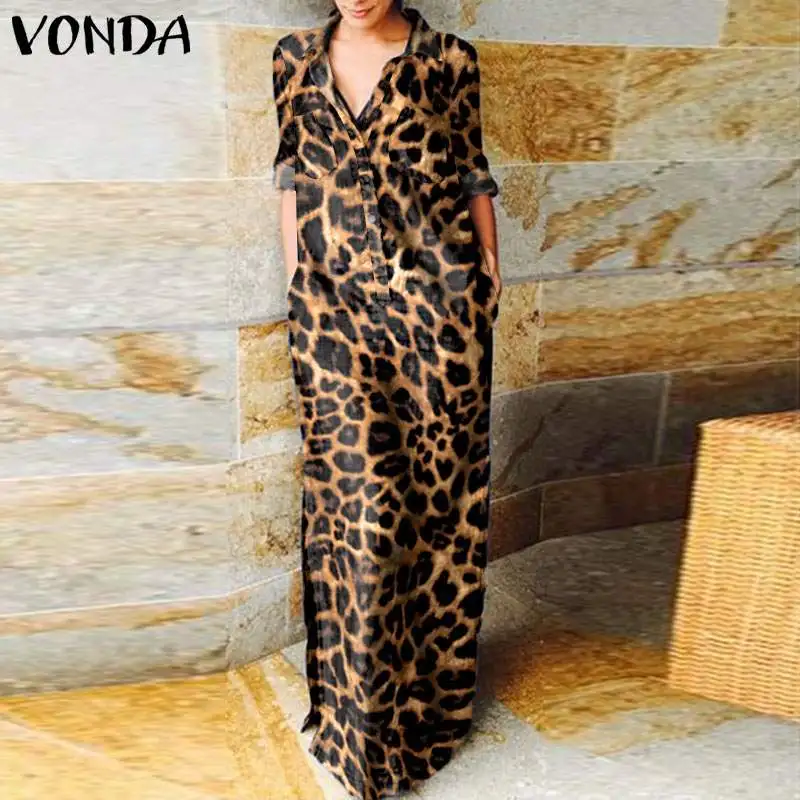 

VONDA Women Casual Lapel Collar Button Up Long Maxi Dress Bohemian Vestidos Loose Long Sleeve Dresses Vintage Leopard Print Robe