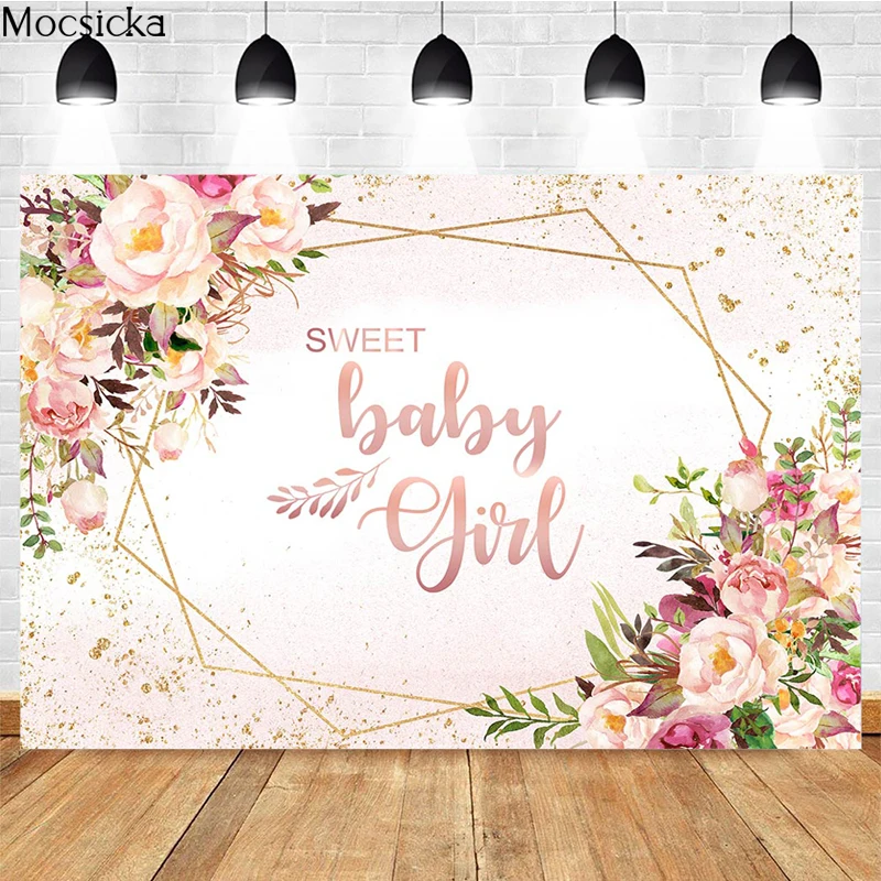 

Mocsicka Sweet Girl Photography Background Pink Flowers Golden Spots Decoration Props Child Portrait Photo Backdrop Banner