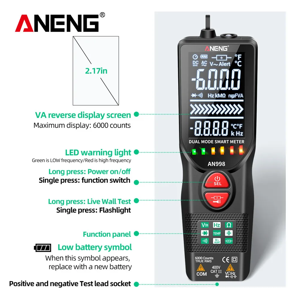

ANENG AN998 Automatic Digital 6000 Counts Professional Multimeter Eletric Auto Ranging AC/DC Voltmeter Temp Ohm Hz Detector Tool